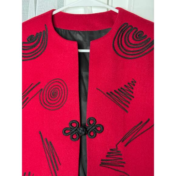 Vintage Red Wool Cropped collarless blazer black accents & frog goggle size M - Picture 4 of 17